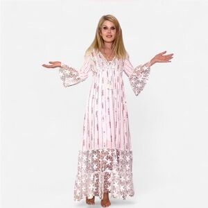 Siya Women's White/Pink Goddess Dress Adorned with Lace Mirrors and Embroidery